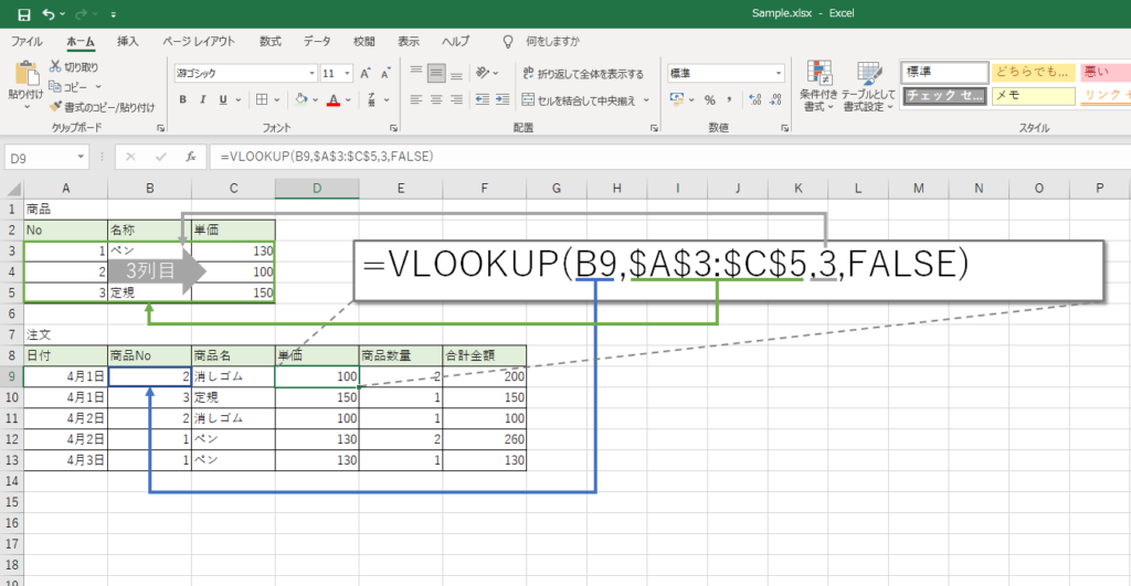 VLOOKUP関数を使用したサンプル