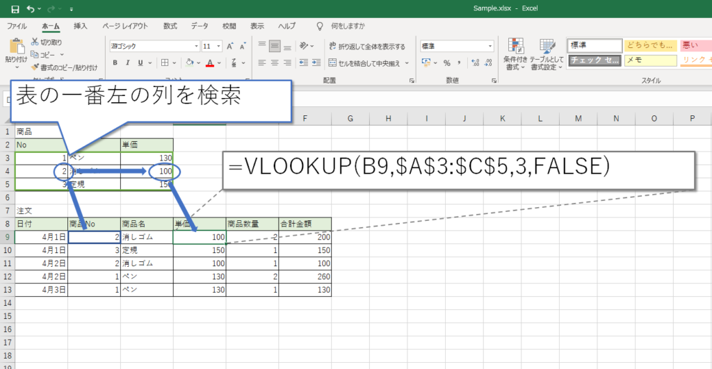 VLOOKUP関数で検索する列