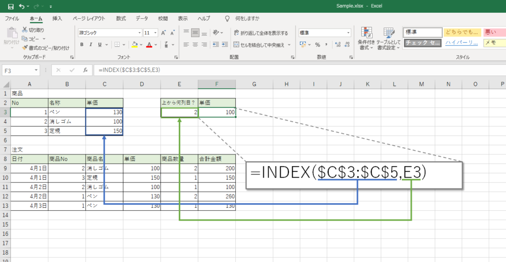 INDEX関数のシンプルな例