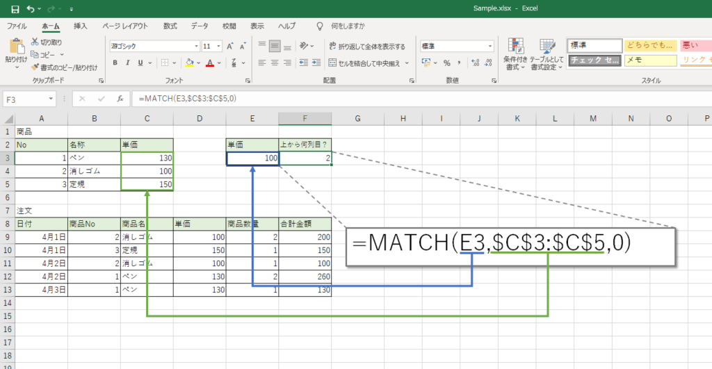 MATCH関数のシンプルな例