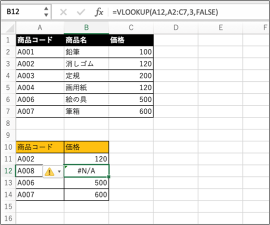 VLOOKUP関数の結果を並べて表示した例