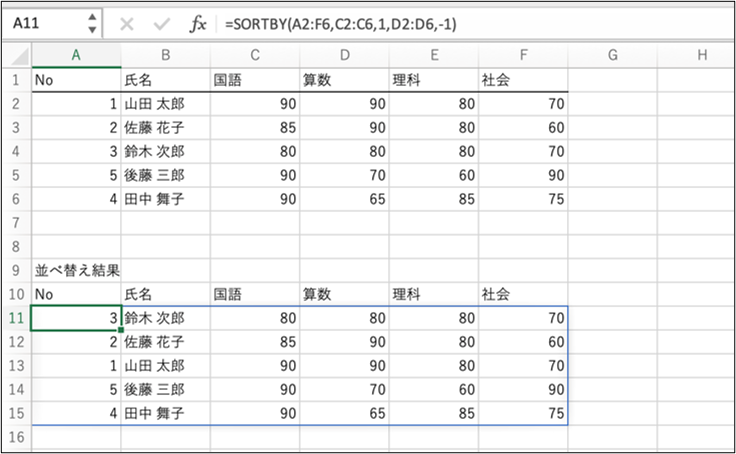 SORTBY関数で複数の基準を指定して並べ替えた例