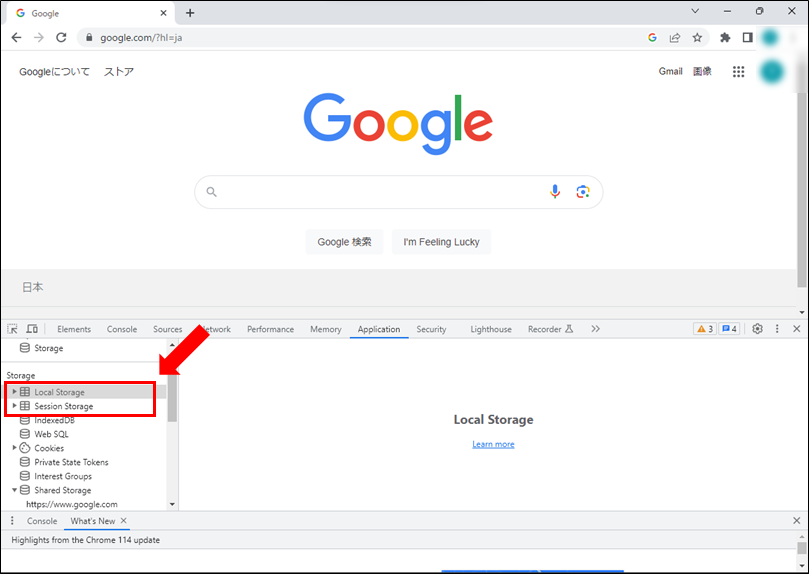 「Local Storage」「Session Storage」を選択